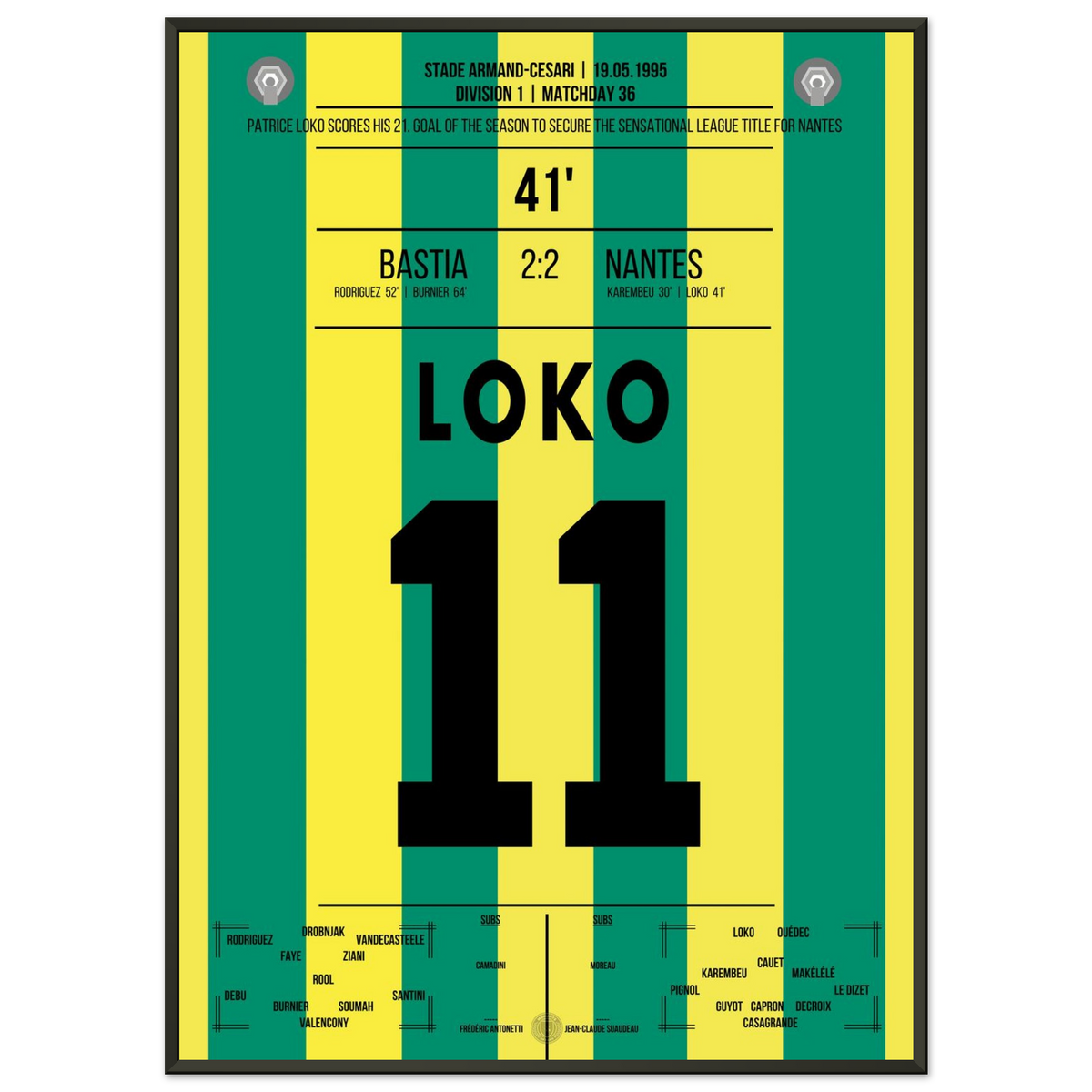 Patrice Loko scores as Nantes celebrate the title in Bastia in 1995