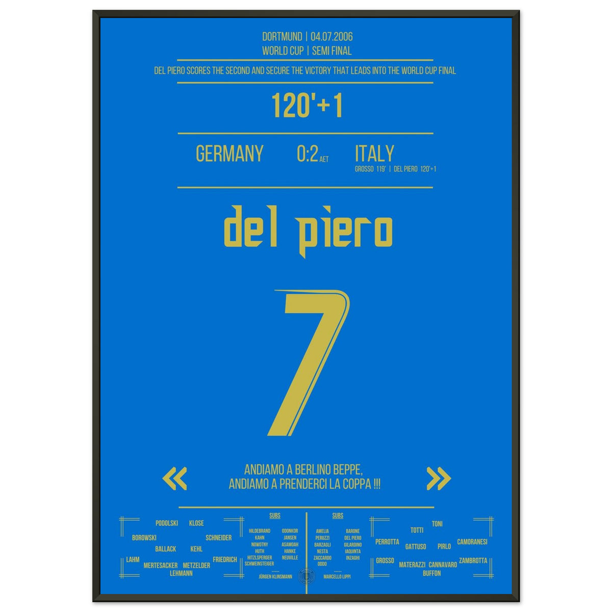 Del Piero fires Italy past hosts Germany into the 2006 World Cup final