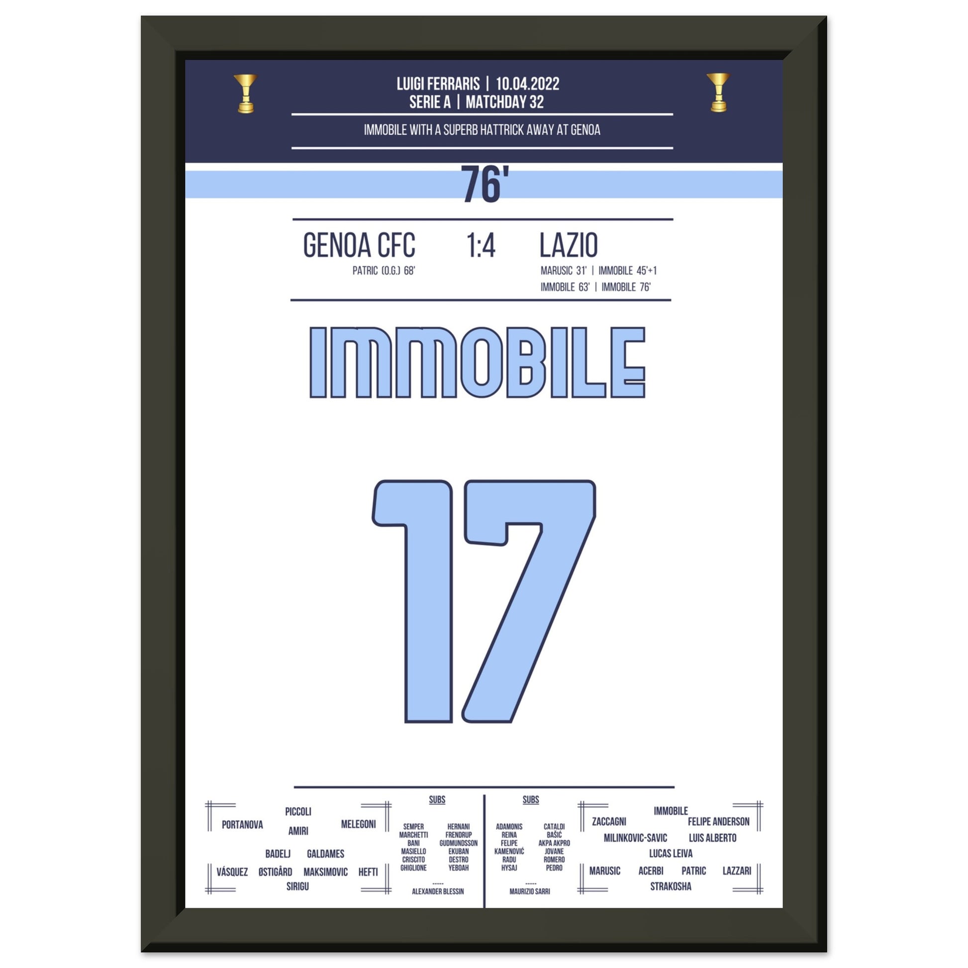 Immobile-Hattrick beim Auswärtssieg gegen Genua in 2022 A4-21x29.7-cm-8x12-Schwarzer-Aluminiumrahmen
