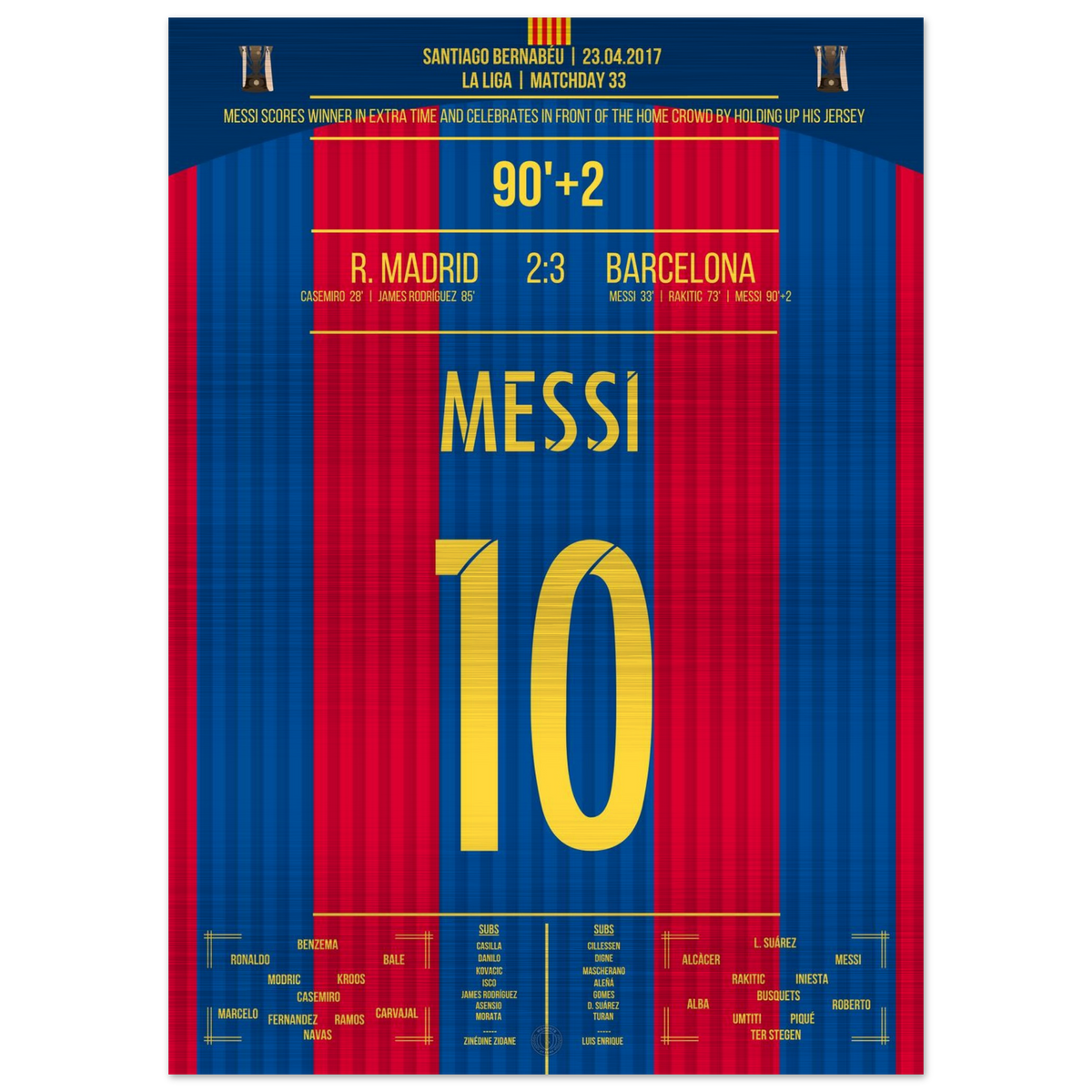 (Metal Print) Messi's legendary goal with shirt celebration in El Clasico