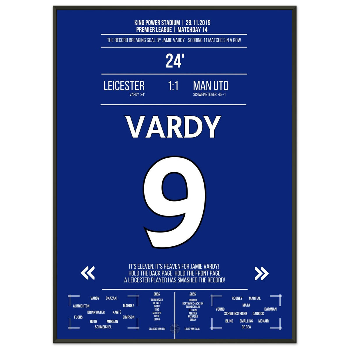 Vardy scores in his 11th consecutive game and breaks the Premier League record