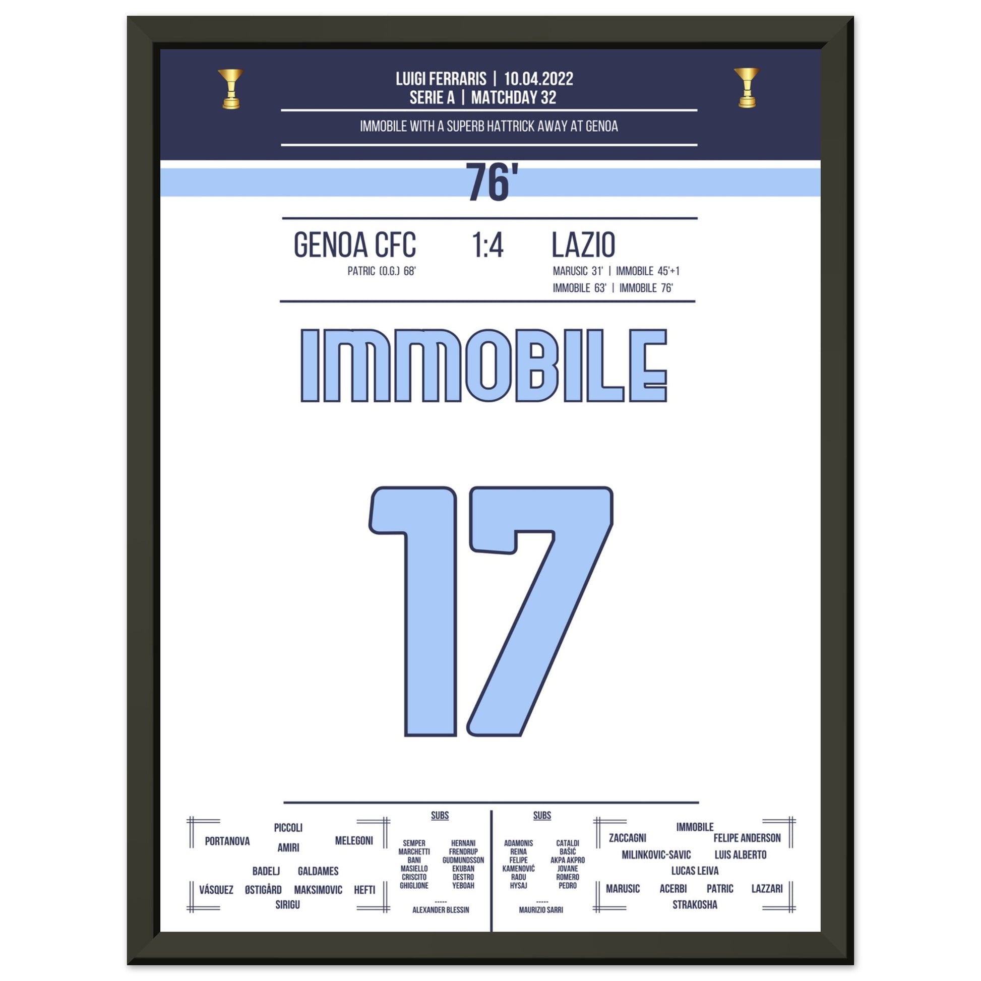 Immobile-Hattrick beim Auswärtssieg gegen Genua in 2022 30x40-cm-12x16-Schwarzer-Aluminiumrahmen