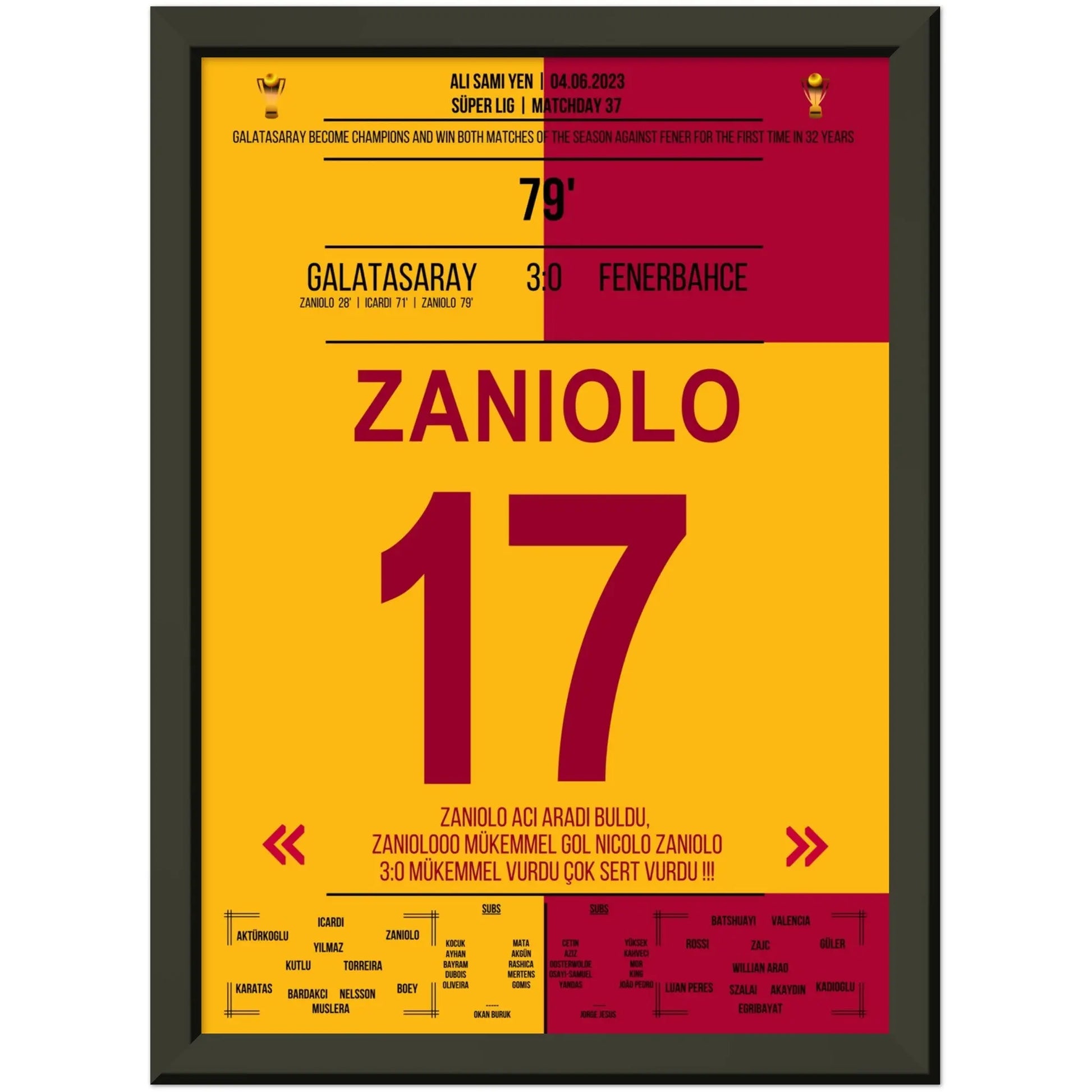 Galatasaray feiert die Meisterschaft im zweitem Derbysieg gegen Fenerbahce 2023 A4-21x29.7-cm-8x12-Schwarzer-Aluminiumrahmen