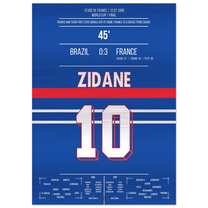 Zidane Kopfball-Doppelpack zu Frankreichs ersten WM Titel 1998 gegen Brasilien – Metal Edition