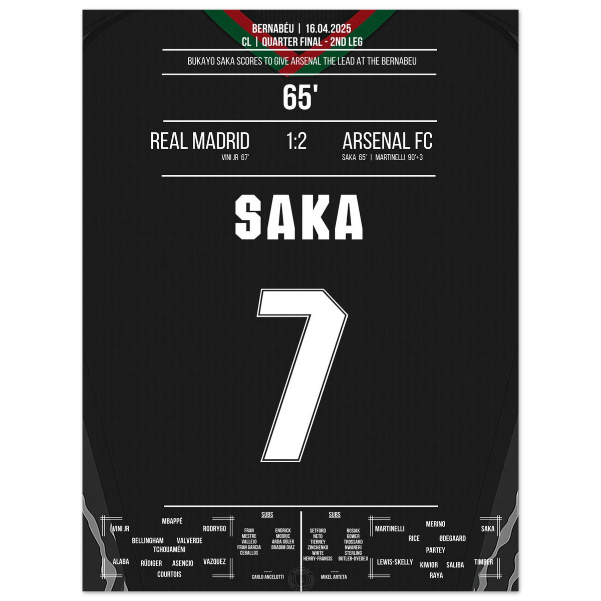 Saka scores like Thierry Henry in 2006 to make it 1-0 at the Bernabeu.