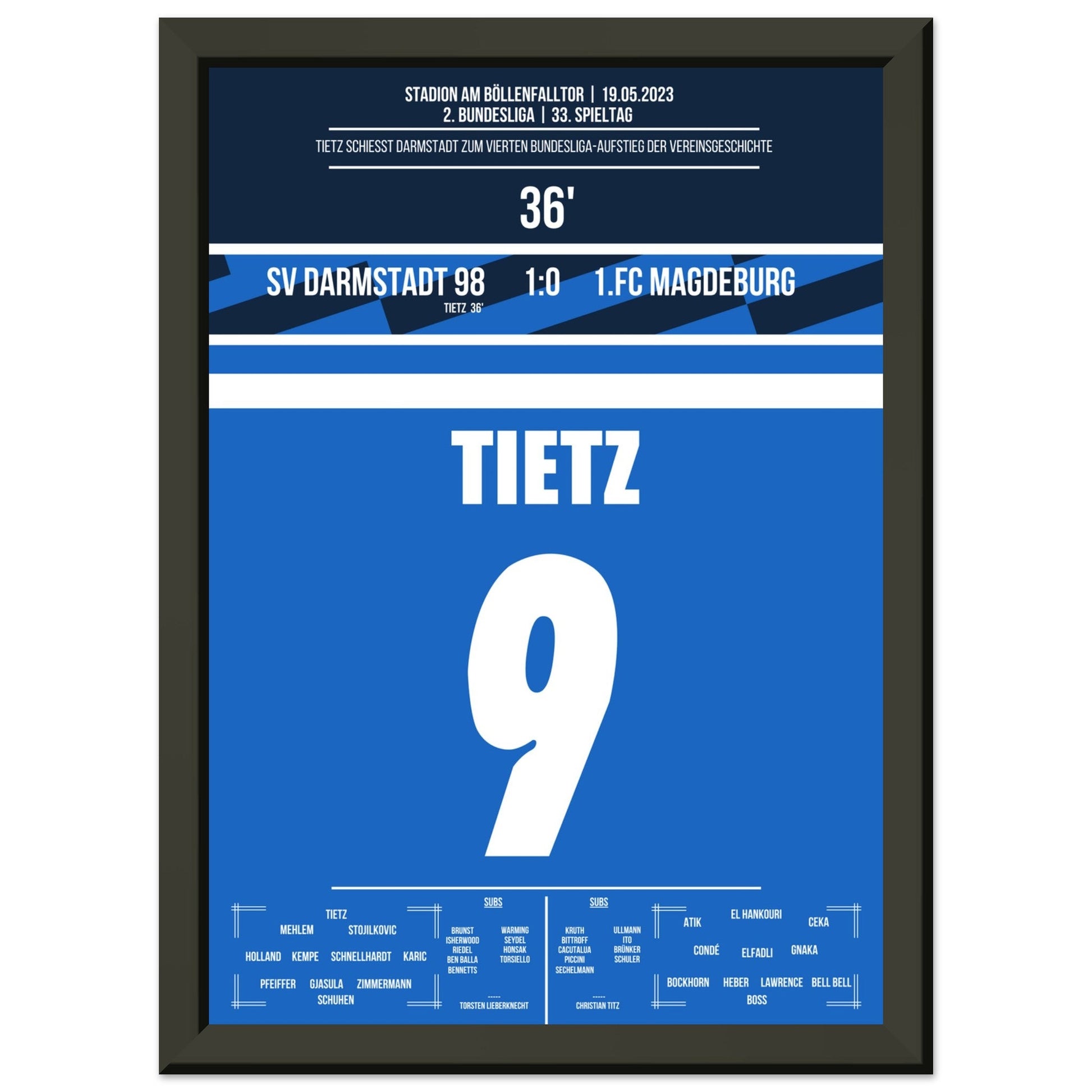 Darmstadt's Wiederaufstieg in die Bundesliga in 2023 A4-21x29.7-cm-8x12-Schwarzer-Aluminiumrahmen