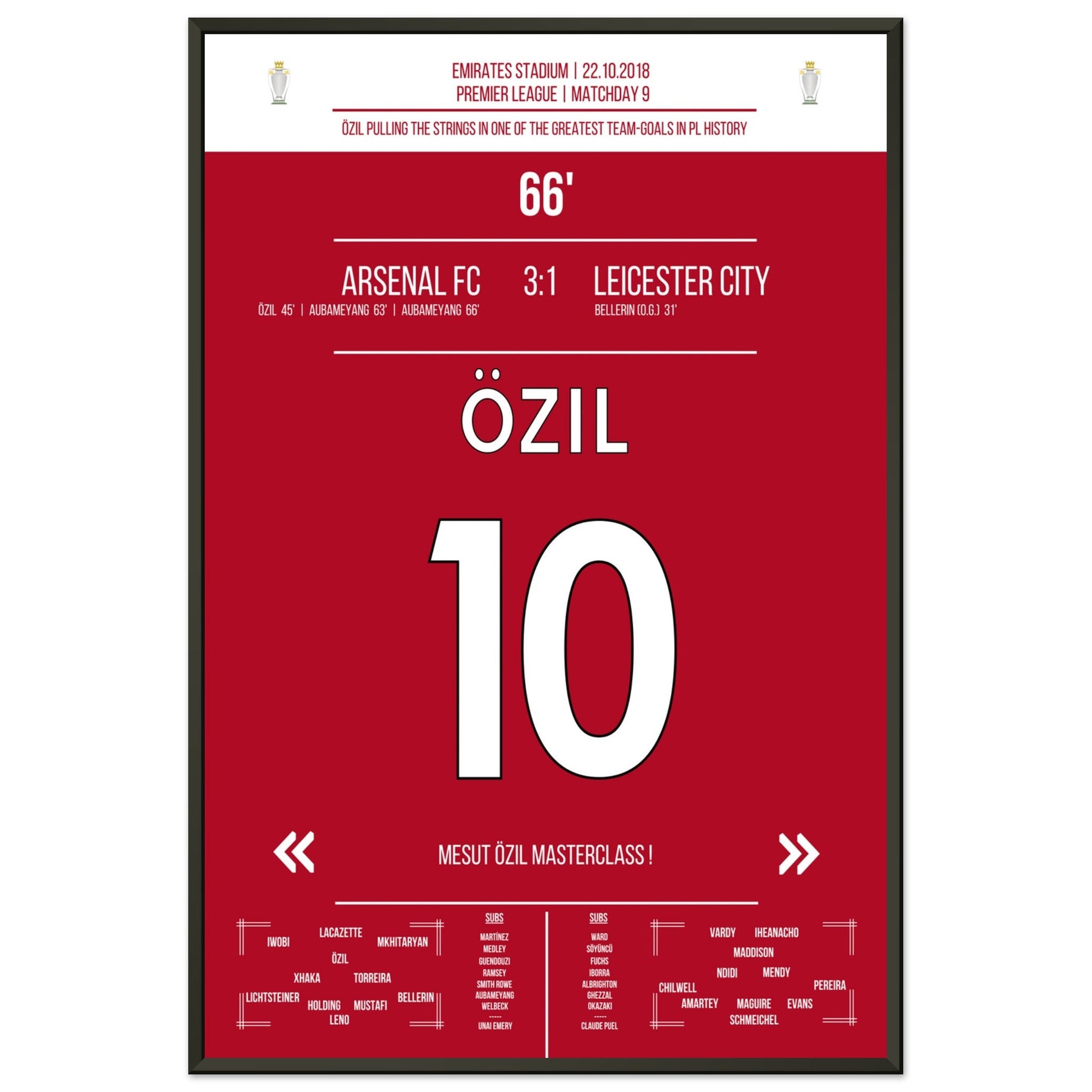 Mesut Özil Masterclass gegen Leicester in 2018 60x90-cm-24x36-Schwarzer-Aluminiumrahmen