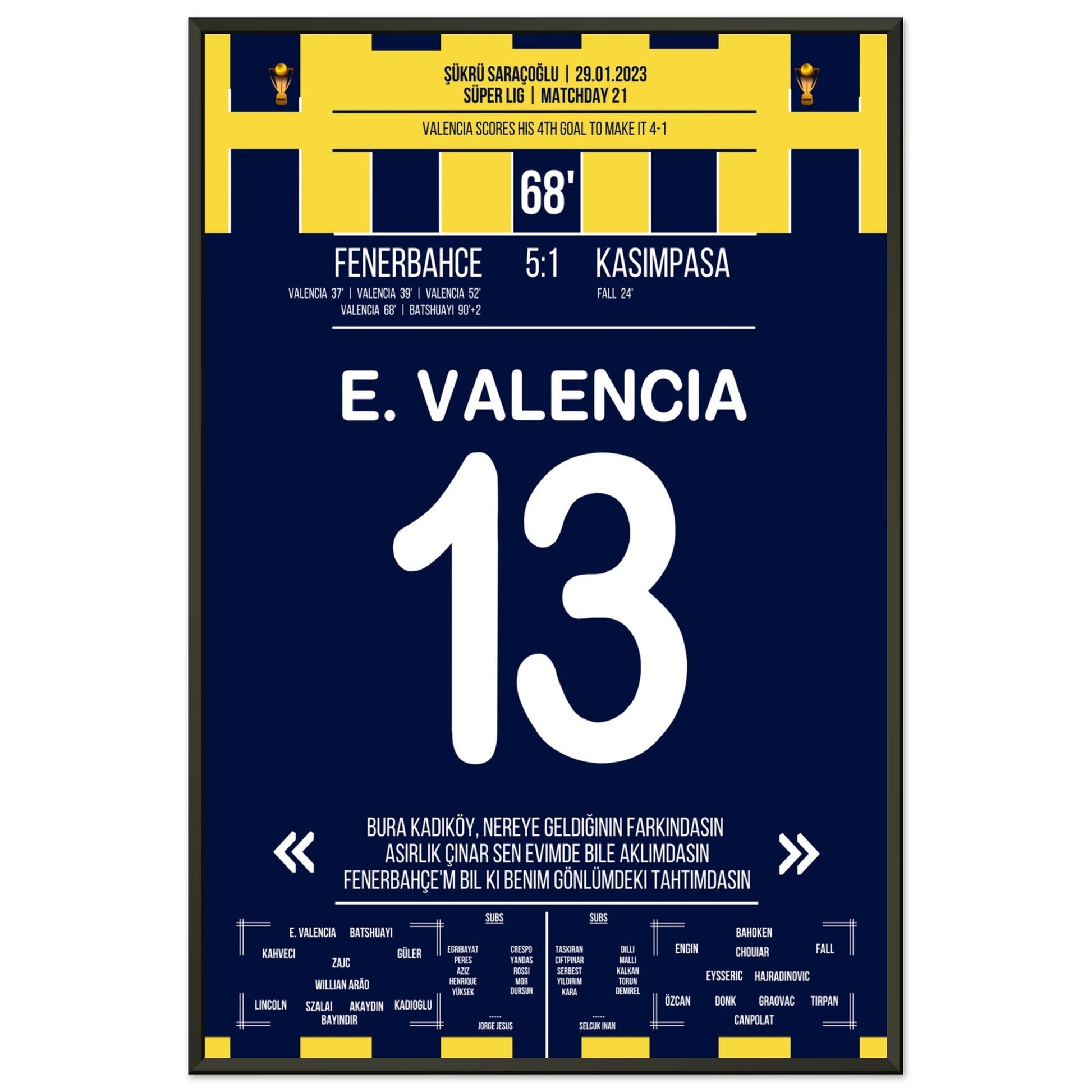 Viererpack von Enner Valencia gegen Kasimpasa in 2023 60x90-cm-24x36-Schwarzer-Aluminiumrahmen
